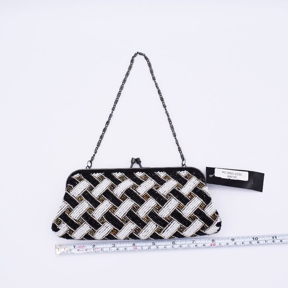 BLACK, WHITE & TRI-GOLD BEADED EVENING BAG - Picture 2 of 7